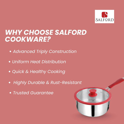 Salford Triply Stainless Steel Saucepan with Glass Lid | Red Rim, Silver, 16 cm