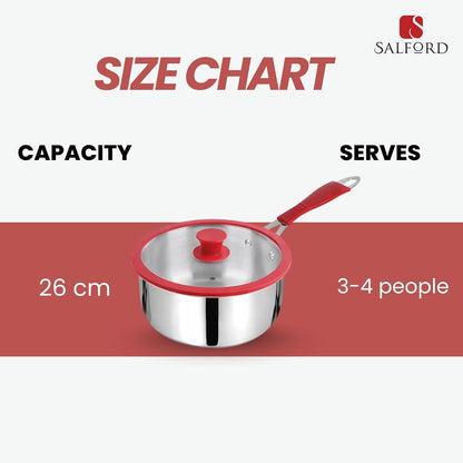 Salford Triply Stainless Steel Saucepan with Glass Lid | Red Rim, Silver, 16 cm