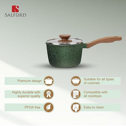 Salford Forged Non-stick Saucepan with Glass Lid | Moss Green, 16 cm