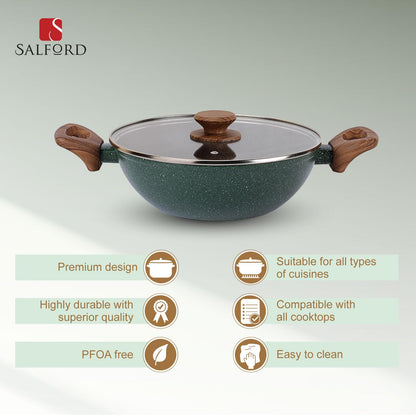 Salford Forged Non-stick Kadai with Glass Lid | Moss Green