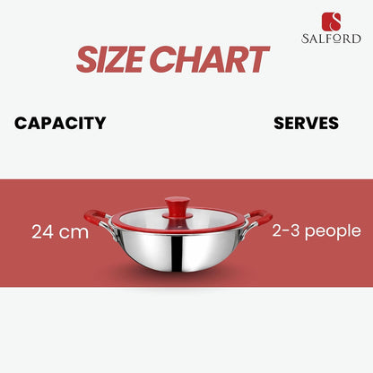 Salford Triply Stainless Steel Kadai with Glass Lid | Red Rim, Silver