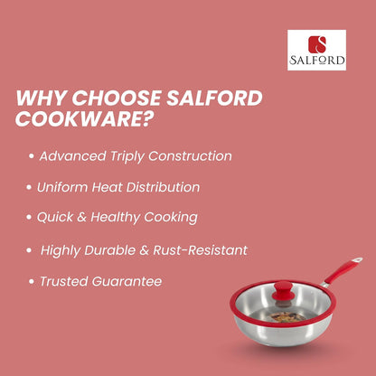 Salford Triply Stainless Steel Frypan with Glass Lid | Red Rim, Silver, 24 cm