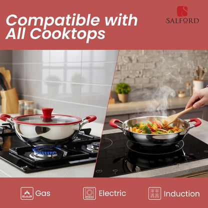 Salford Triply Stainless Steel Kadai with Glass Lid | Red Rim, Silver