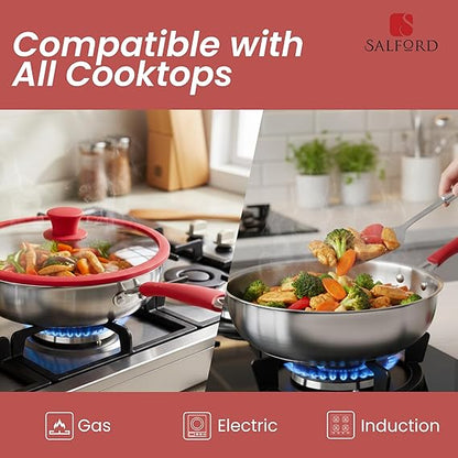Salford Triply Stainless Steel Frypan with Glass Lid | Red Rim, Silver, 24 cm
