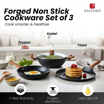Salford Forged Non-stick Kadai, Frypan, Tava & Glass Lid | Black Marble, Set of 3