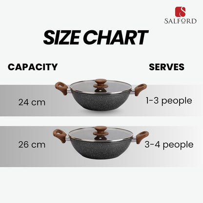 Salford Forged Non-stick Kadai with Glass Lid | Black Marble