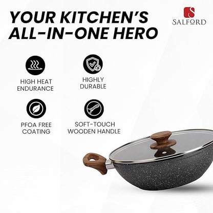 Salford Forged Non-stick Kadai with Glass Lid | Black Marble