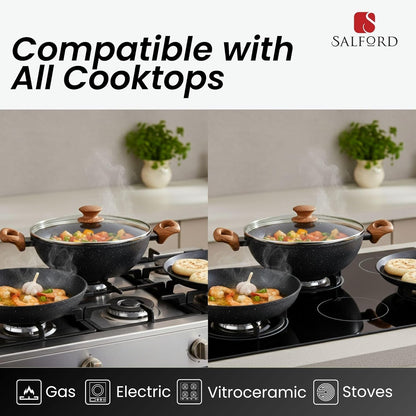 Salford Forged Non-stick Kadai, Frypan, Tava & Glass Lid | Black Marble, Set of 3