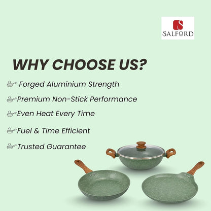 Salford Forged Non-stick Kadai, Frypan, Tava & Glass Lid | Moss Green, Set of 3
