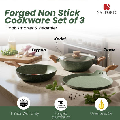 Salford Forged Non-stick Kadai, Frypan, Tava & Glass Lid | Moss Green, Set of 3