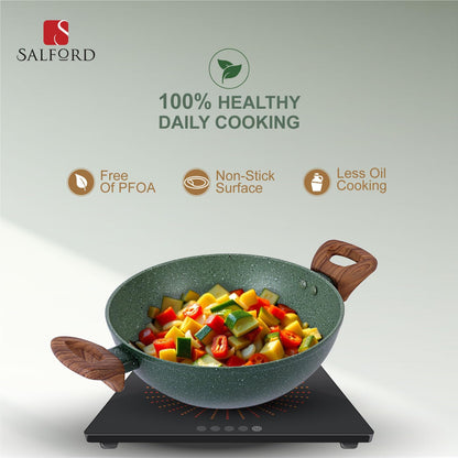 Salford Forged Non-stick Kadai with Glass Lid | Moss Green