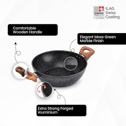 Salford Forged Non-stick Kadai with Glass Lid | Black Marble