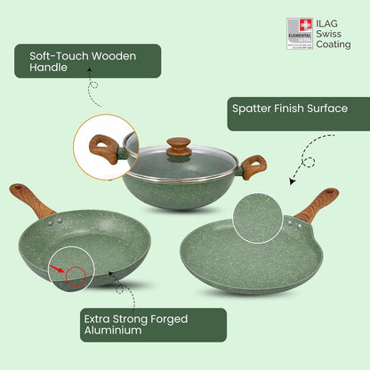 Salford Forged Non-stick Kadai, Frypan, Tava & Glass Lid | Moss Green, Set of 3
