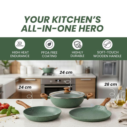 Salford Forged Non-stick Kadai, Frypan, Tava & Glass Lid | Moss Green, Set of 3