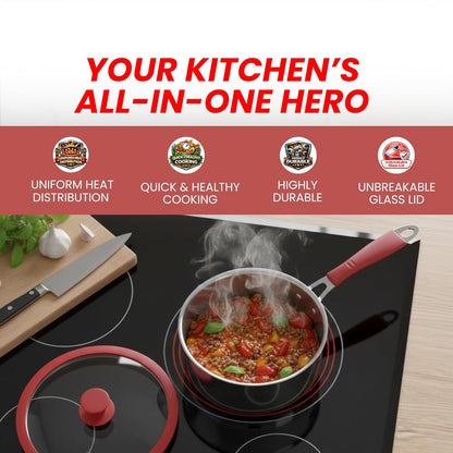Salford Triply Stainless Steel Saucepan with Glass Lid | Red Rim, Silver, 16 cm