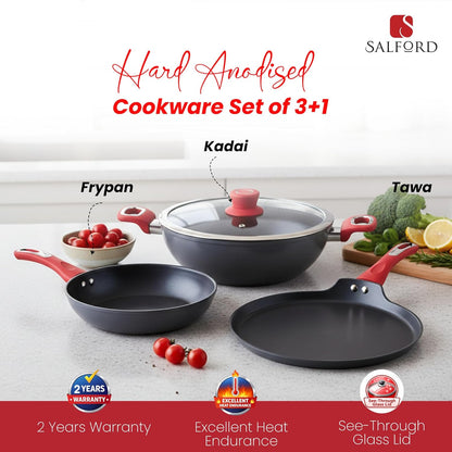 Salford Forged Hard Anodised Kadai, Frypan, Tava & Glass Lid | Black, Set of 3