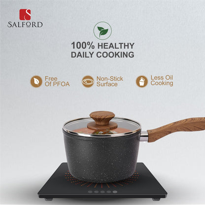 Salford Forged Non-stick Saucepan with Glass Lid | Black Marble, 16 cm