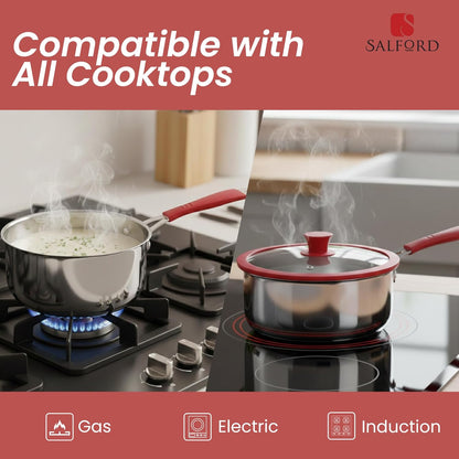 Salford Triply Stainless Steel Saucepan with Glass Lid | Red Rim, Silver, 16 cm