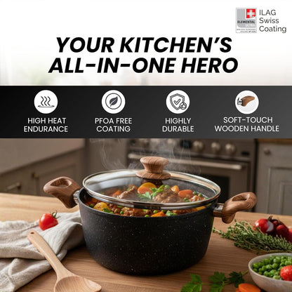 Salford Forged Non-stick Casserole with Glass Lid | Black Marble, 24 cm