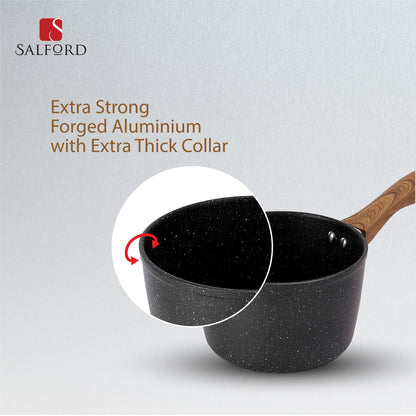 Salford Forged Non-stick Saucepan with Glass Lid | Black Marble, 16 cm
