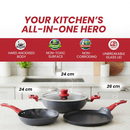 Salford Forged Hard Anodised Kadai, Frypan, Tava & Glass Lid | Black, Set of 3
