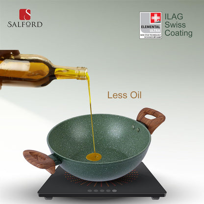 Salford Forged Non-stick Kadai with Glass Lid | Moss Green