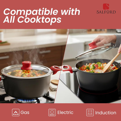 Salford Forged Hard Anodised Casserole with Glass Lid | Black, 24 cm