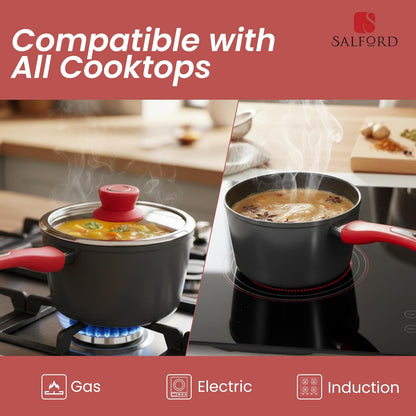 Salford Forged Hard Anodised Saucepan with Glass Lid | Black, 16 cm
