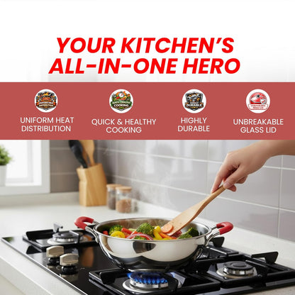 Salford Triply Stainless Steel Kadai with Glass Lid | Red Rim, Silver