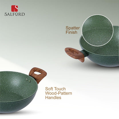 Salford Forged Non-stick Kadai with Glass Lid | Moss Green