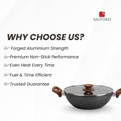 Salford Forged Non-stick Kadai with Glass Lid | Black Marble
