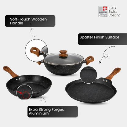 Salford Forged Non-stick Kadai, Frypan, Tava & Glass Lid | Black Marble, Set of 3