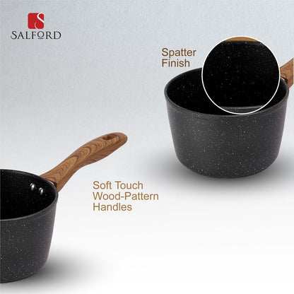 Salford Forged Non-stick Saucepan with Glass Lid | Black Marble, 16 cm