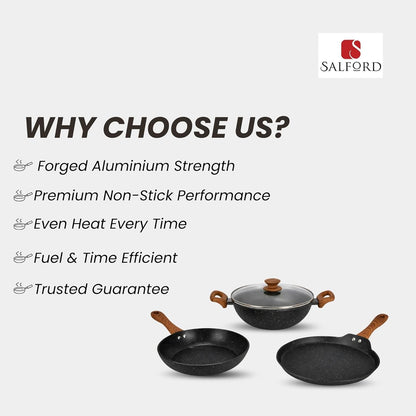 Salford Forged Non-stick Kadai, Frypan, Tava & Glass Lid | Black Marble, Set of 3