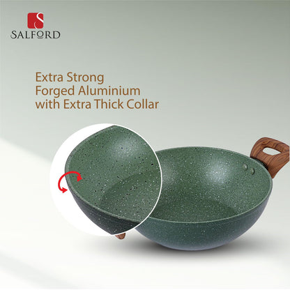 Salford Forged Non-stick Kadai with Glass Lid | Moss Green