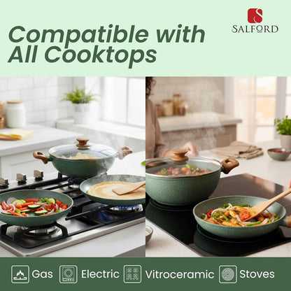 Salford Forged Non-stick Kadai, Frypan, Tava & Glass Lid | Moss Green, Set of 3