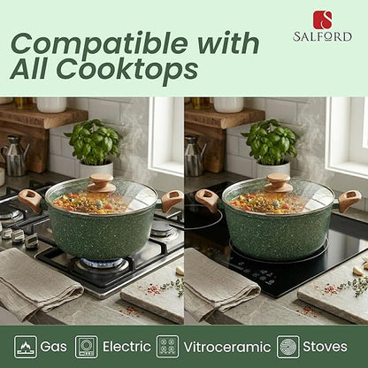 Salford Forged Non-stick Casserole with Glass Lid | Moss Green, 24 cm