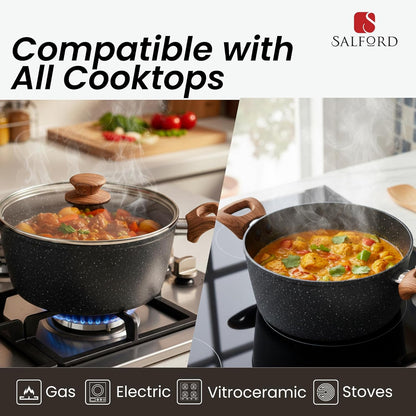 Salford Forged Non-stick Casserole with Glass Lid | Black Marble, 24 cm