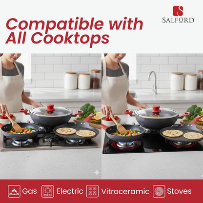 Salford Forged Hard Anodised Kadai, Frypan, Tava & Glass Lid | Black, Set of 3