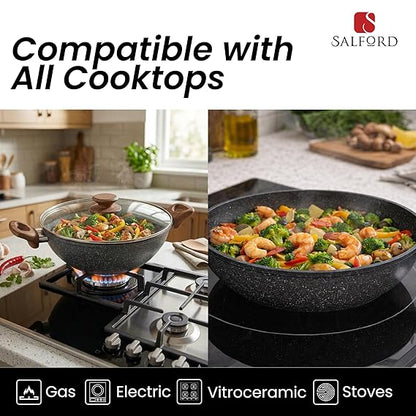 Salford Forged Non-stick Kadai with Glass Lid | Black Marble