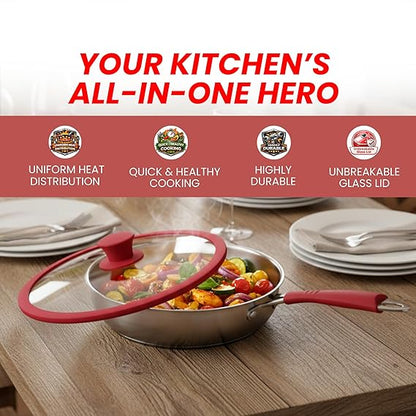 Salford Triply Stainless Steel Frypan with Glass Lid | Red Rim, Silver, 24 cm