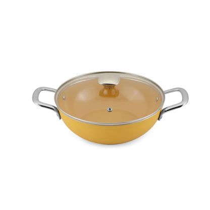 Salford Forged Ceramic Non-stick Kadai with Glass Lid | Mustard Yellow