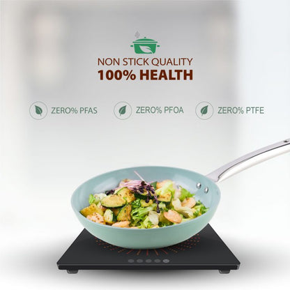 Salford Forged Ceramic Non-stick Kadai, Frypan, Tava & Glass Lid | Green, Set of 3