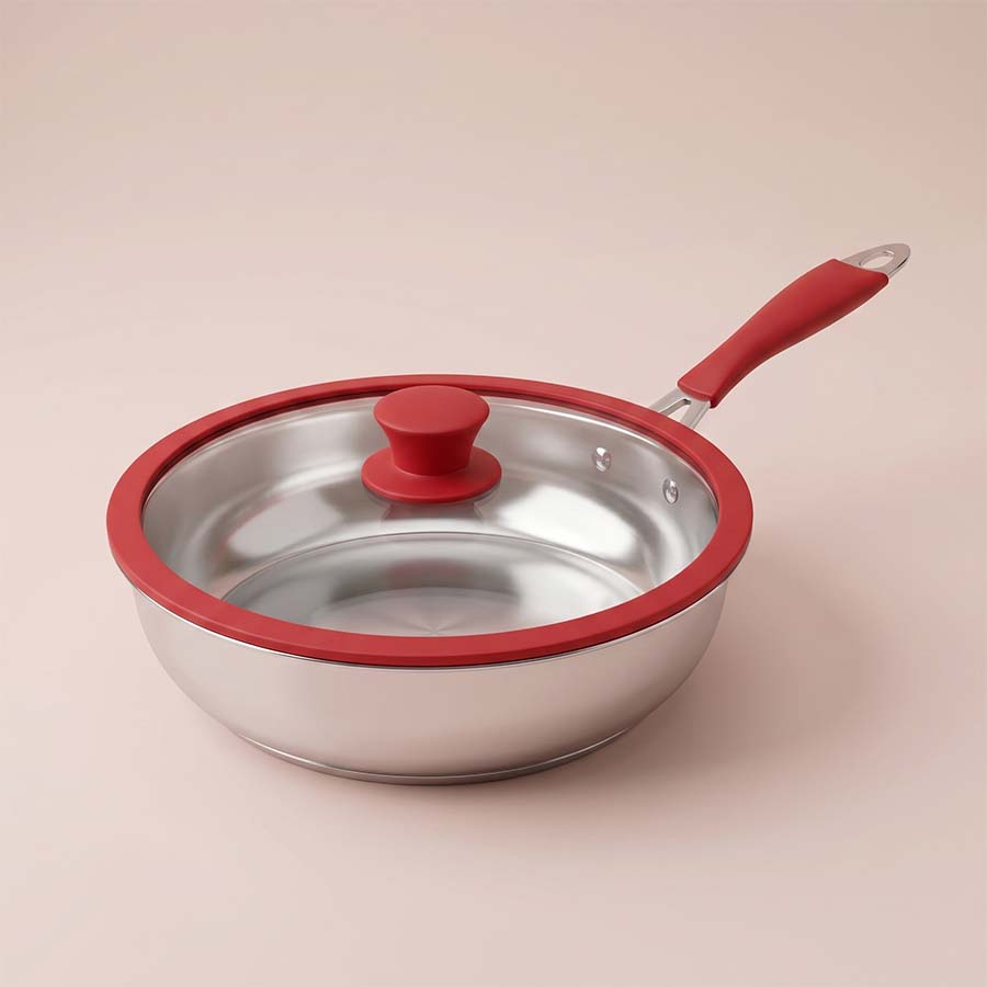Salford Triply Stainless Steel Frypan with Glass Lid | Red Rim, Silver, 24 cm