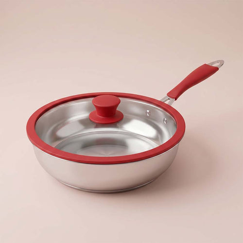 Salford Triply Stainless Steel Frypan with Glass Lid | Red Rim, Silver, 24 cm