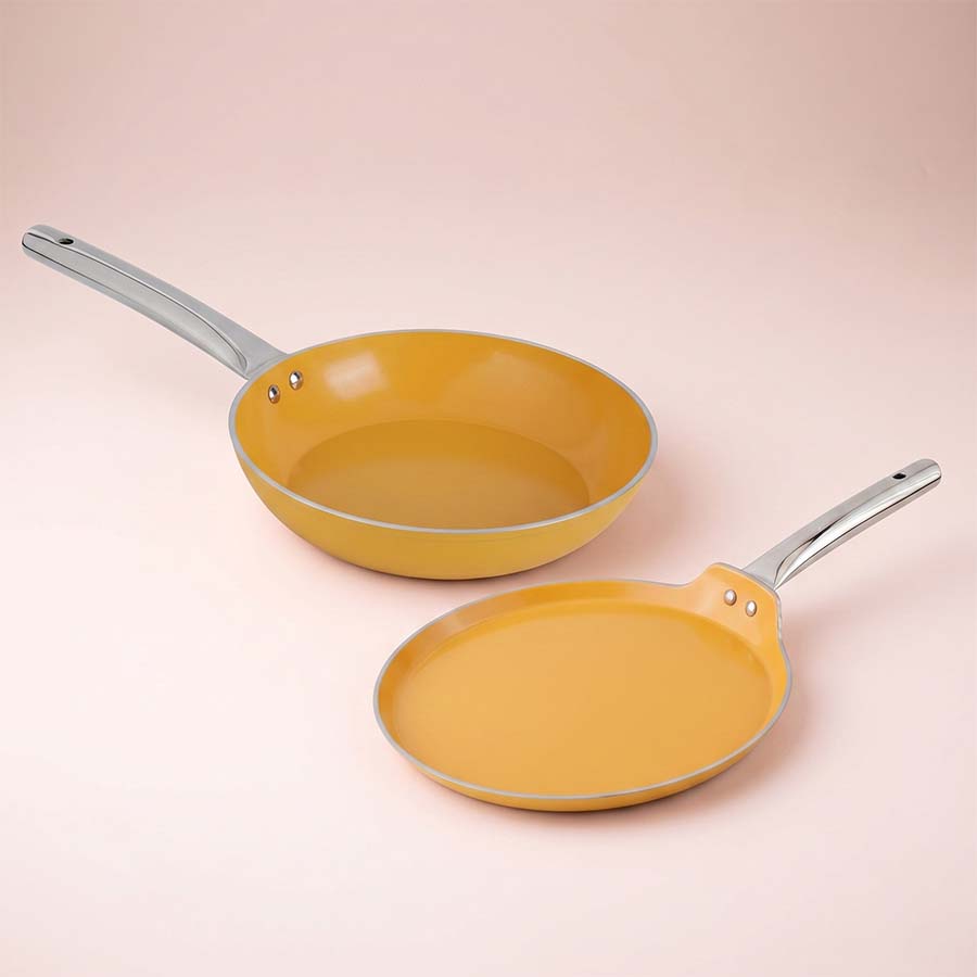 Salford Ceramic Forged Non-stick Frypan & Tava | Mustard Yellow, Set of 2