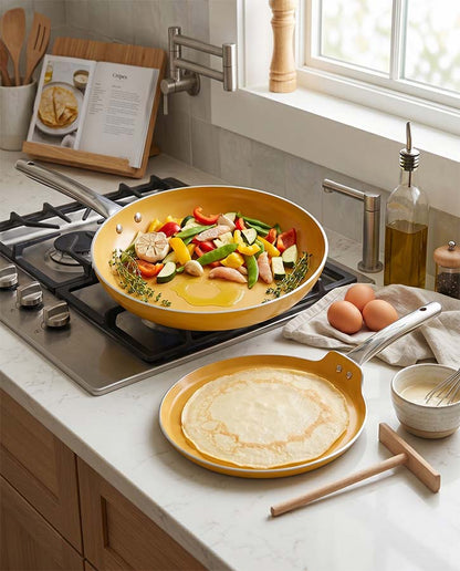 Salford Ceramic Forged Non-stick Frypan & Tava | Mustard Yellow, Set of 2