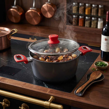 Salford Forged Hard Anodised Casserole with Glass Lid | Black, 24 cm