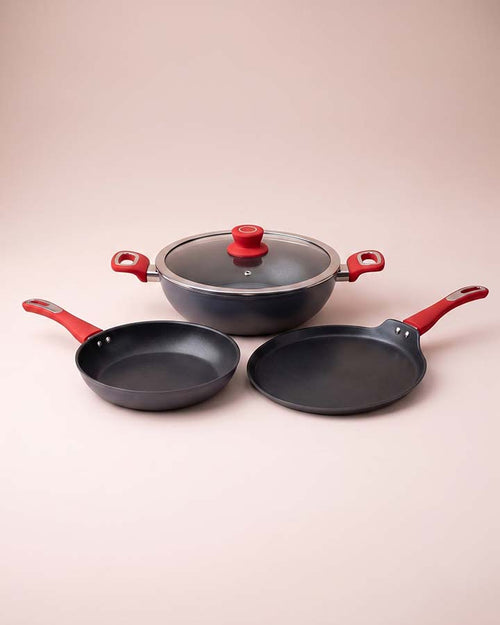 Salford Forged Hard Anodised Kadai, Frypan, Tava & Glass Lid | Black, Set of 3