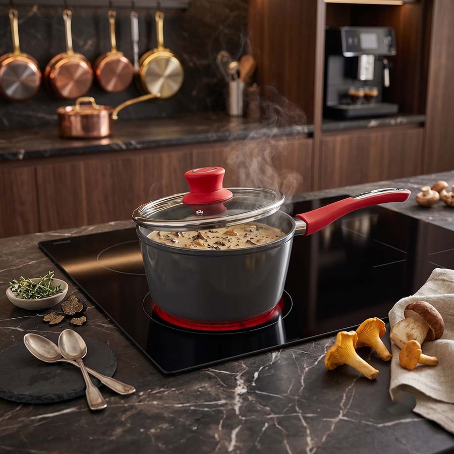 Salford Forged Hard Anodised Saucepan with Glass Lid | Black, 16 cm